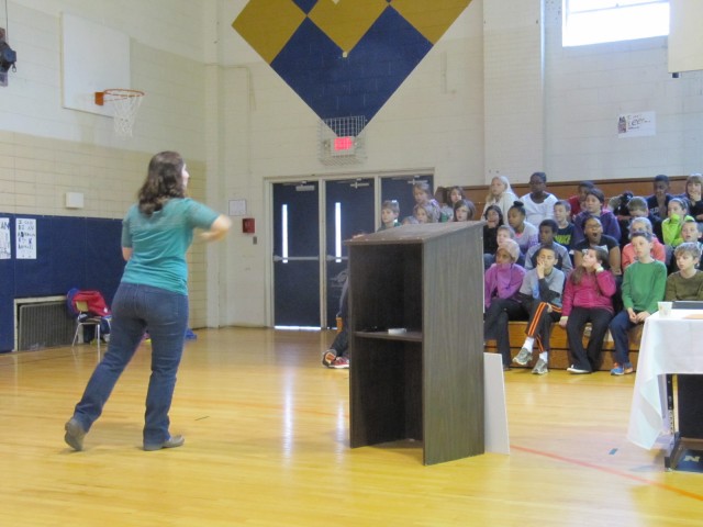 Alana Bossen speaks to 4th graders at Hillsborough Elementary School about dognition.